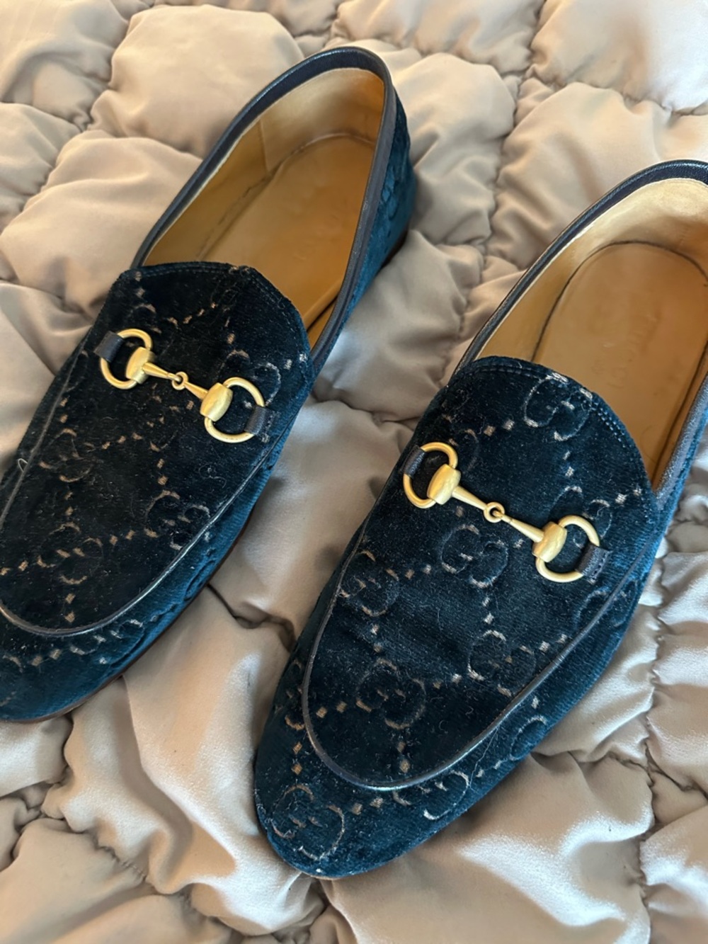 Gucci Green Velvet Horsebit Loafers with Gold Hardware